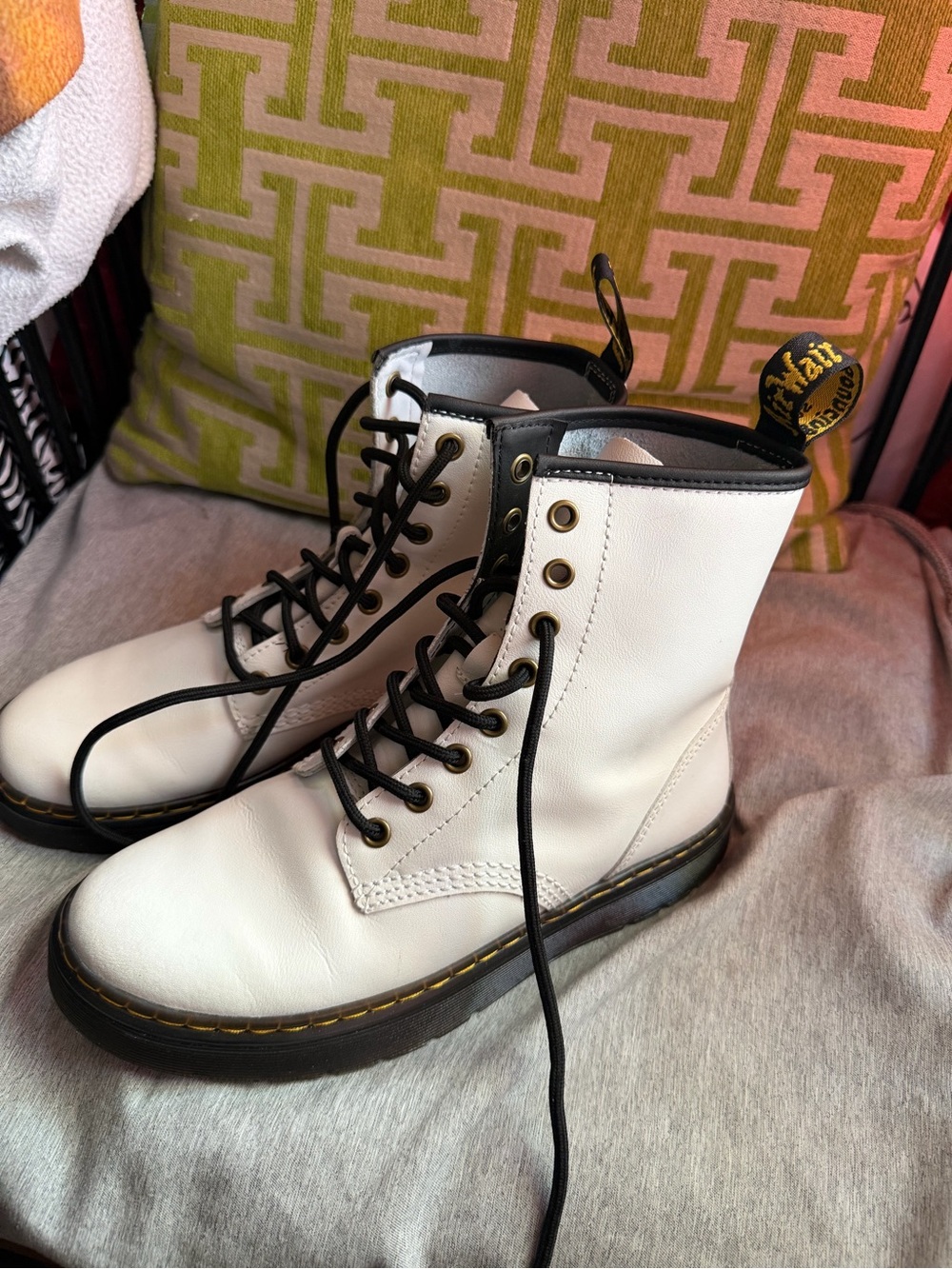 Dr. Martens White Leather 8-Eye Lace-Up Boots with Black Trim